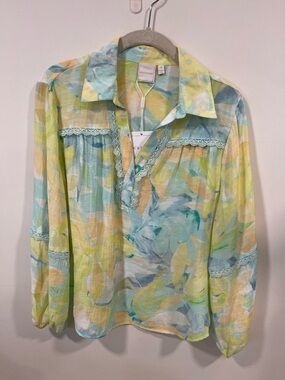 Zac & Rachel Pastel Watercolor Lace-Trim Blouse - Yellow Blue Green